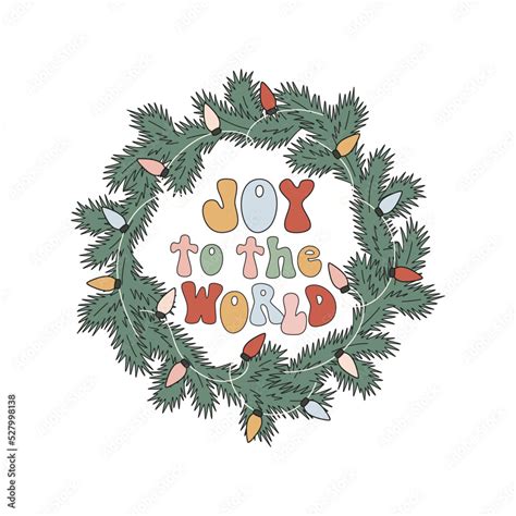 Hippie Groovy Christmas Spruce Wreath With Garland Vector Illustration