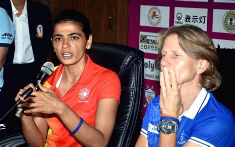 Captain of Indian women's hockey team Savita Punia addresses a press ...