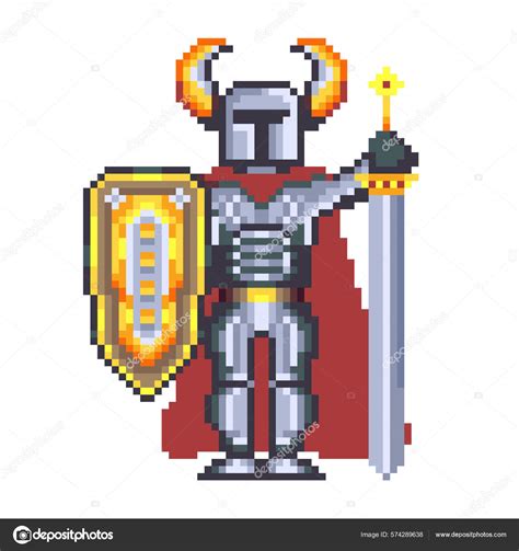 Pixel Art Caballero Casco Con Cuernos Que Sostiene Espada Escudo Vector