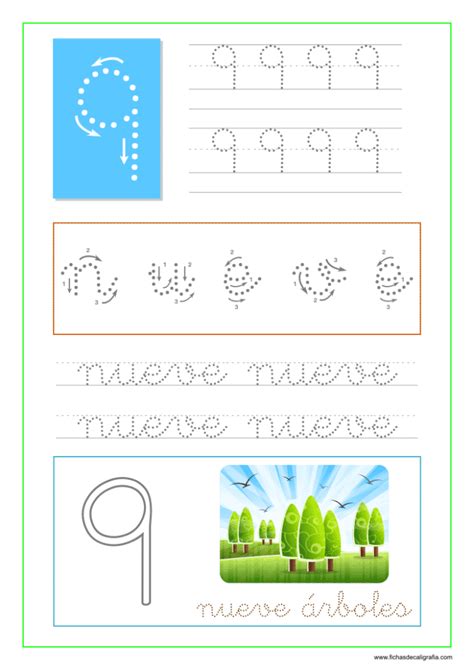 Aprender A Escribir El Número Nueve Fichas De Caligrafía