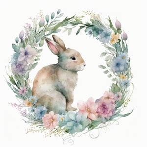 Bunnies With Flower Wreaths Clipart High Quality Jpgs Digital