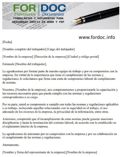 Carta De Compromiso Laboral De Cumplimiento De Normas