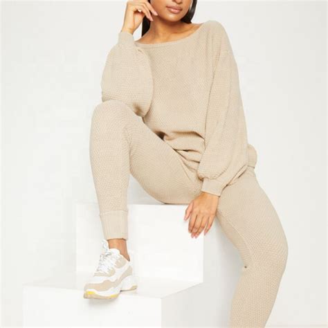 Women Waffle Knitted Wool Cashmere Lounge Set Women Pullover Sweater