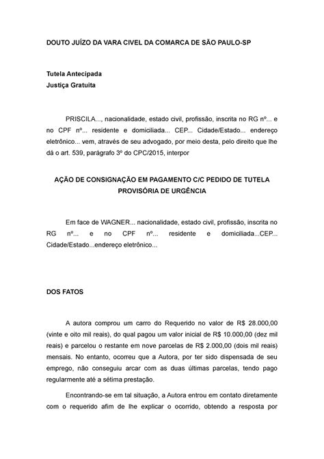 Pe A A O De Consigna O Em Pagamento C C Pedido De Tutela