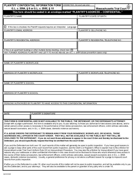 Fillable Trial Court Of Massachusetts Civil Action Cover Sheet Form