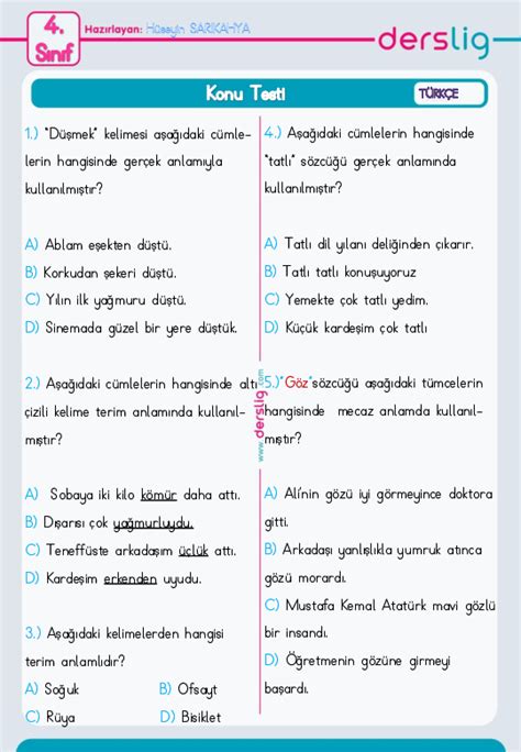 4 Sınıf Türkçe Gerçek ve Mecaz Anlam Yaprak Test Derslig