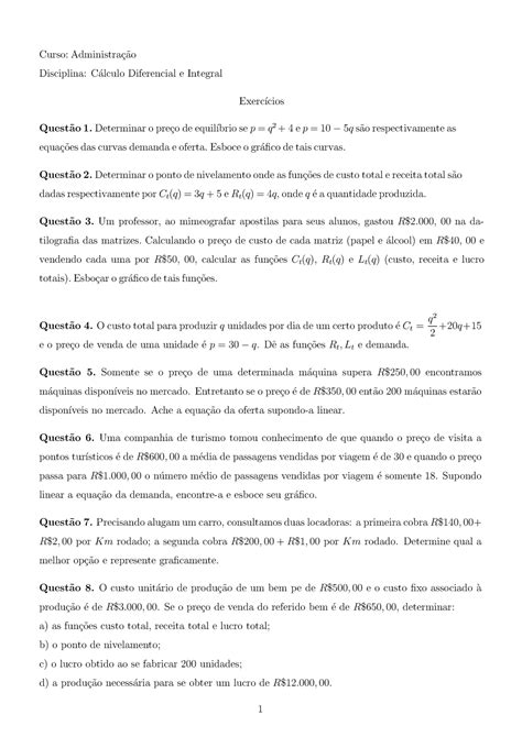 Lista De C Lculo Diferencial E Integral Curso Administracao