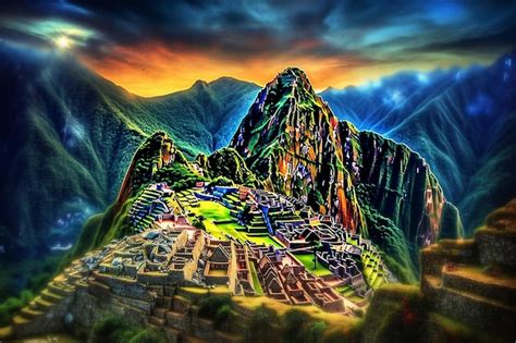 Premium AI Image A Painting Of Machu Picchu With The Mountains In The