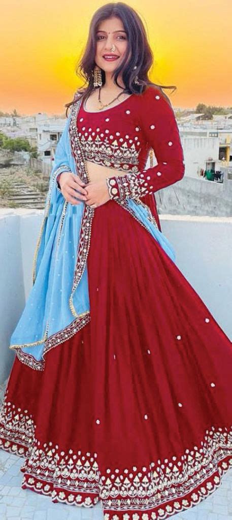 Party Wear Reception Red And Maroon Color Georgette Fabric Lehenga