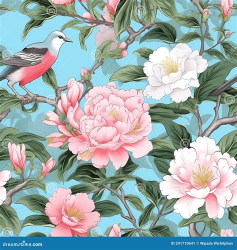 Chinoiserie Style Classic Blue Camellia with Bird Seamless Pattern