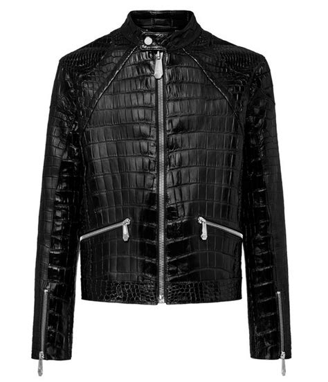 Mens Snap Tab Collar Black Leather Alligator Jacket Jackets Masters