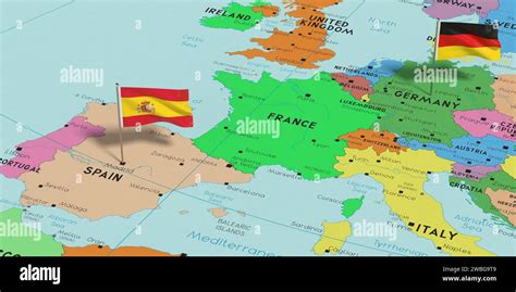 Spain and Germany - pin flags on political map - 3D illustration Stock ...