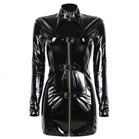 Hot Selling Sexy Women Zipper Faux Leather Costume Black Long Sleeve