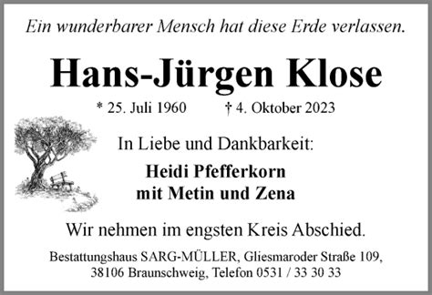 Traueranzeigen Von Hans J Rgen Klose Trauer De