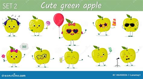 Set Of Ten Cute Kawaii Green Apples Fruit Characters In Various Poses And Accessories In Cartoon