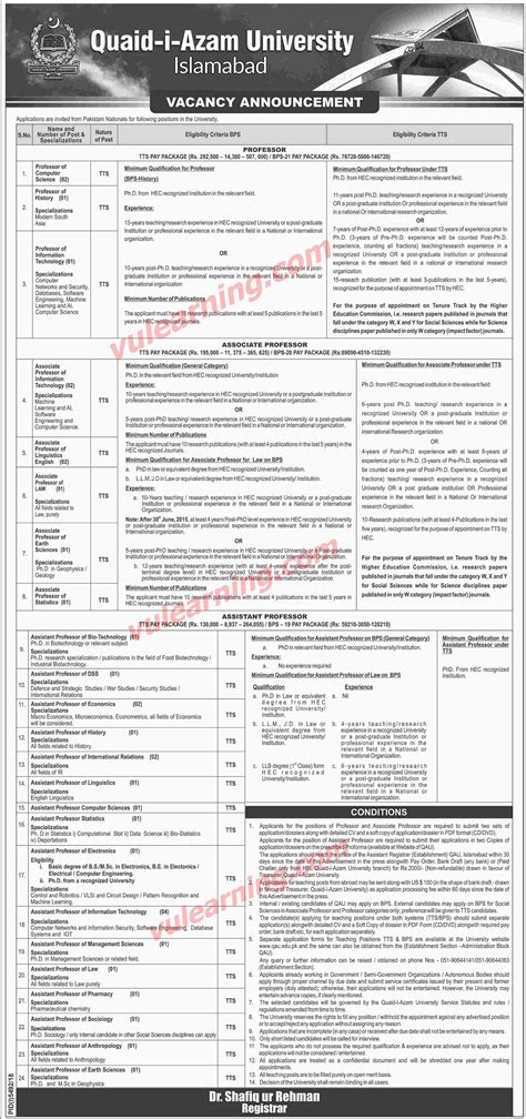 QAU Islamabad Jobs May 2019 Quaid-i-Azam University Islamabad Teaching ...