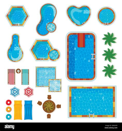 Set Of Flat Icons Swimming Pools Top View With Palm Trees Loungers Air