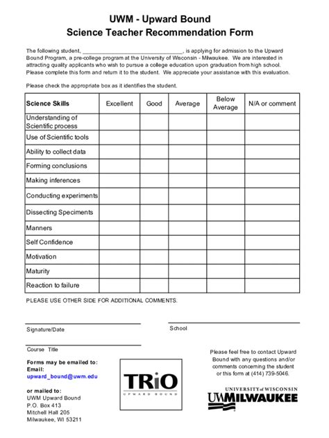 Fillable Online UWM Upward Bound Science Teacher Recommendation Form