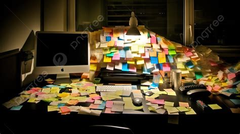 Sticky Notes On Desk In The Dark Background Computer With Lots Of