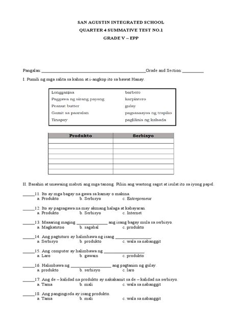 Grade 5 Summative Test Epp Pdf