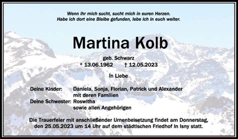 Traueranzeigen Von Martina Kolb Schwaebische De Trauerportal