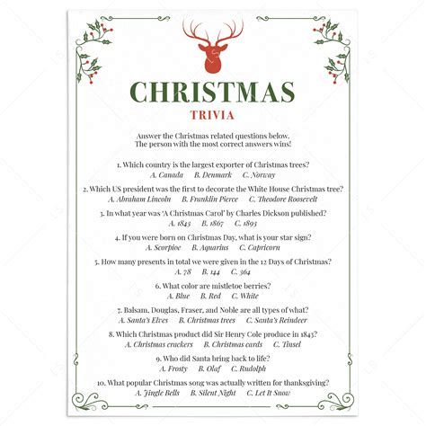 Christmas Trivia Questions And Answers Printable Instant Download