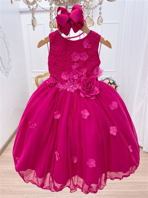 Vestido Infantil Pink Rendado Luxo Flores Em Aplique Elo