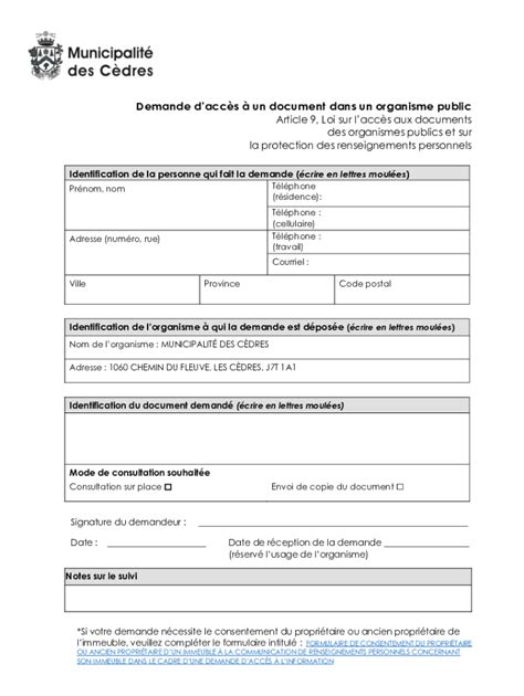 Remplissable En Ligne Demande D Accs Un Document Dans Un Organisme