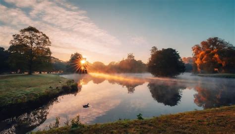 Premium AI Image | Tranquil Dawn Sunrise Over Park and Lake