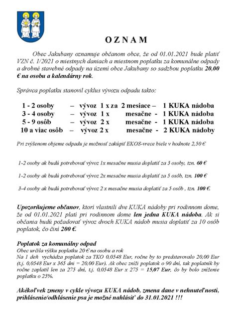 Rozpis zberu komunálneho a separovaného odpadu na rok 2021 Obec Jakubany