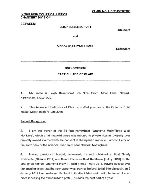 Ravenscroft Draft Amended Particulars Of Claim Costs In English Law Common Law