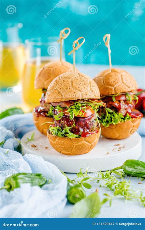 Fresh Delicious Burgers In Form Of Football Soccer Stock Image Image