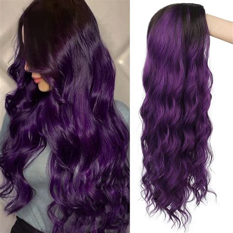 Amazon Swiking Ombre Purple Curly Wavy Long Wigs For Women Black