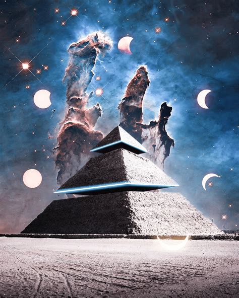 Alien Spaceship Pyramid and Moons Pósters láminas cuadros y