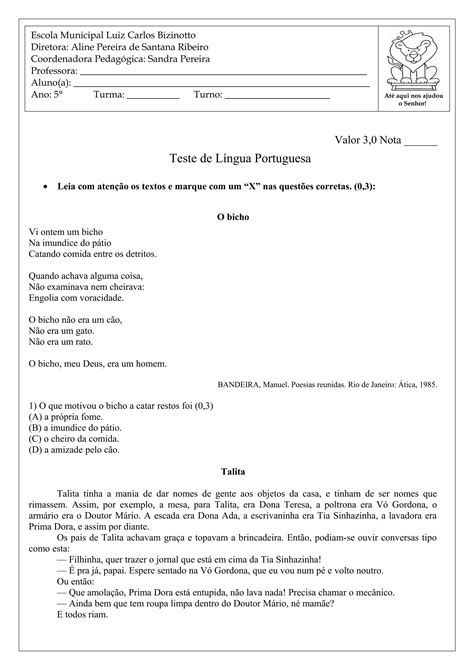 Teste de português 1 bimes 5 ano PDF