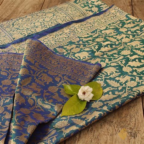 Royal Blue Green Pure Katan Silk Banarasi Handloom Saree Tilfi