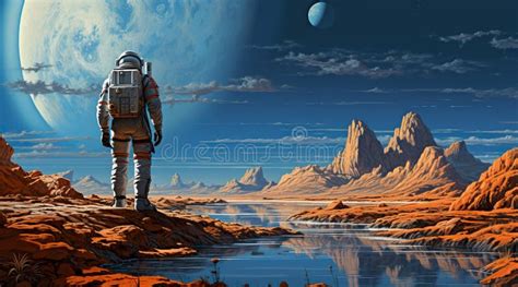 Colorful Illustration Of Astronaut In Space Suit And Helmet Exploring Alien Planet With