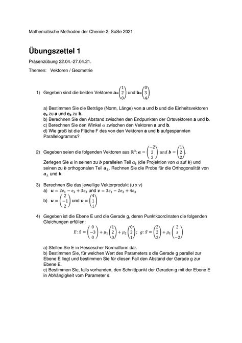 übungsblatt 01 Übung Mathe 1 Mathematische Methoden der Chemie 2