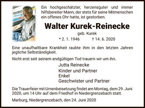 Traueranzeigen Von Walter Kurek Reinecke Trauer HNA De