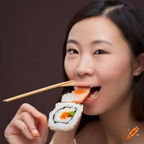 Chinese Woman Eating Sushi With Chopsticks