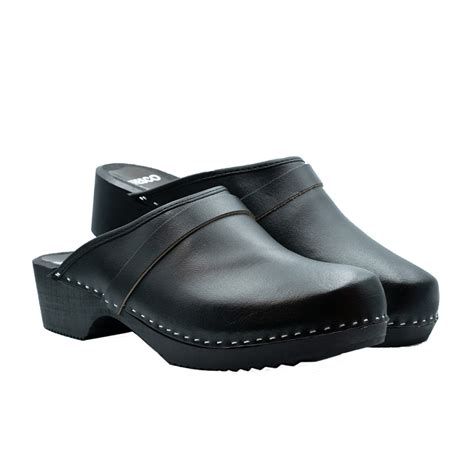 richmond black leather wooden clogs