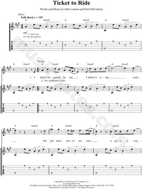 The Beatles Ticket To Ride Guitar Tab In A Major Download And Print