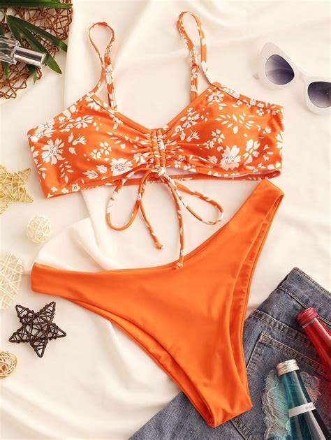 ZAFUL Floral Cinched High Leg Bikini Swimsuit PAPAYA ORANGE