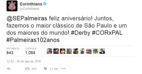 Corinthians parabeniza Palmeiras por aniversário e gera polêmica nas