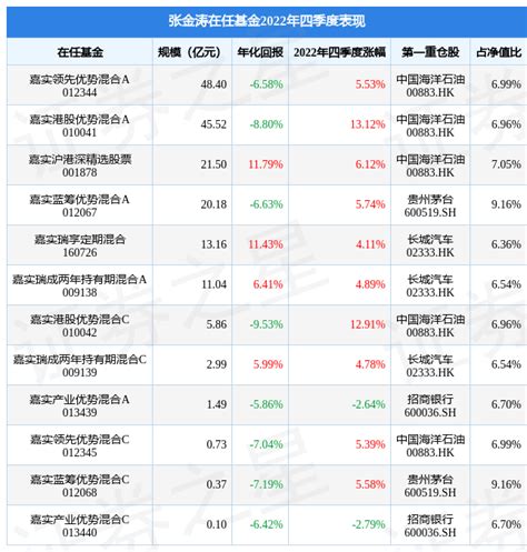 张金涛2022年四季度表现，嘉实港股优势混合a基金季度涨幅1312管理