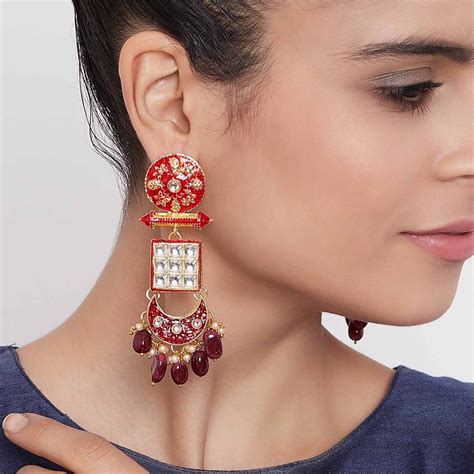 Buy Zerokaata Gold Toned Red Meenakari Brass Dangle Earrings Online