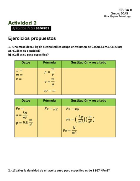 Actividad Densidad Y Peso Especifico F Sica Ii Grupo Cas Mtra