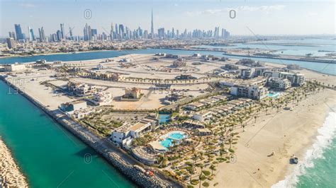 Aerial view of Pearl Jumeirah island in Dubai, U.A.E. stock photo - OFFSET