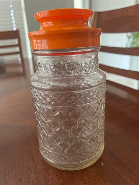 Vintage Anchor Hocking Cut Glass Jar With Orange Lid Etsy