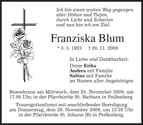 Traueranzeigen Von Franziska Blum Trauer Merkur De